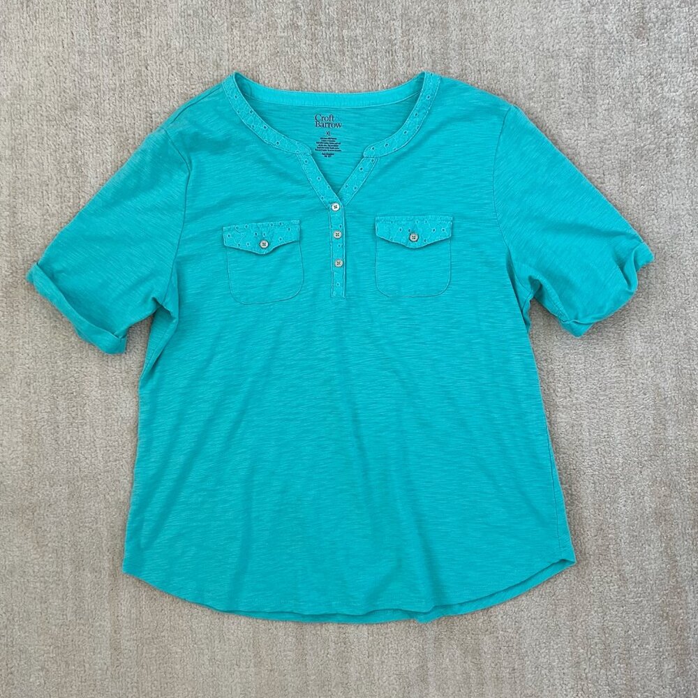 Croft & Barrow Cotton Eyelet Henley Short Sleeve Blouse Top XL